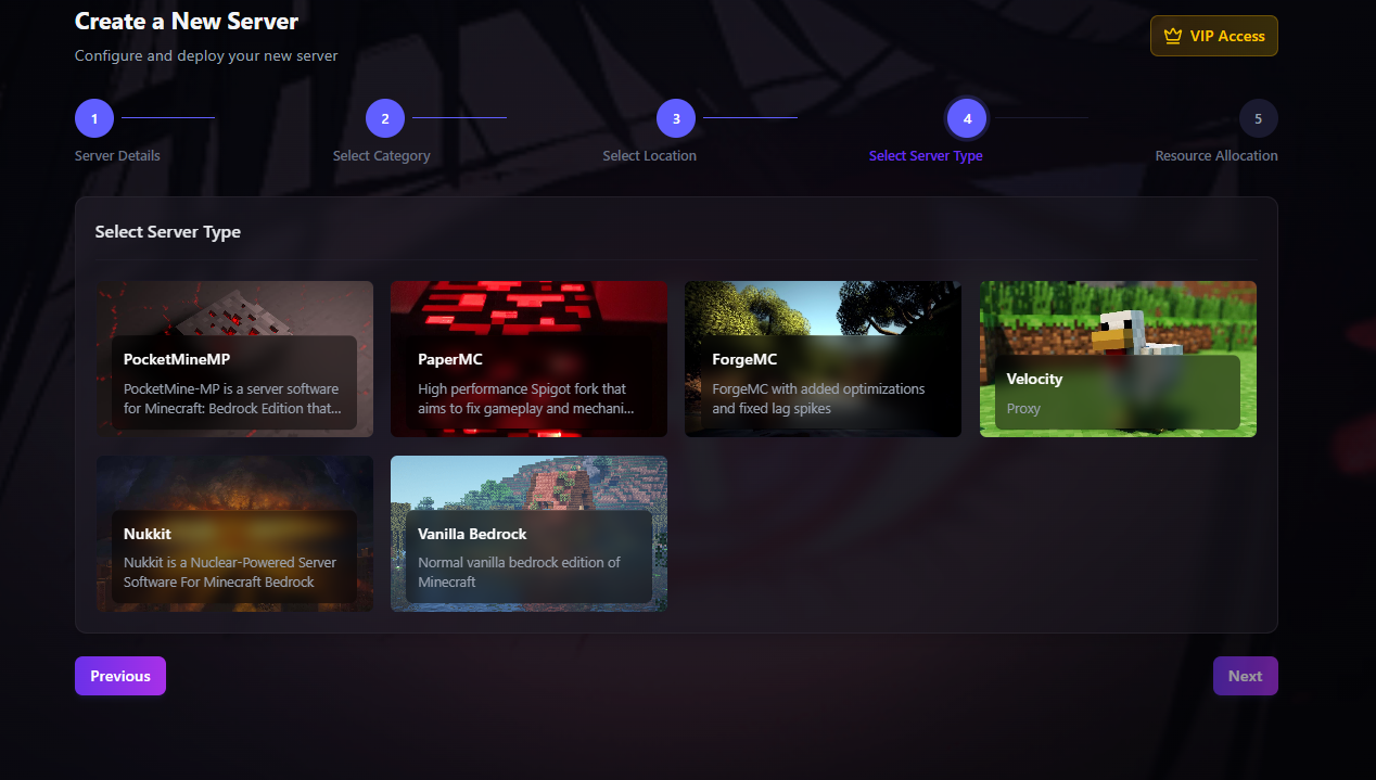 Specific server type selection screen